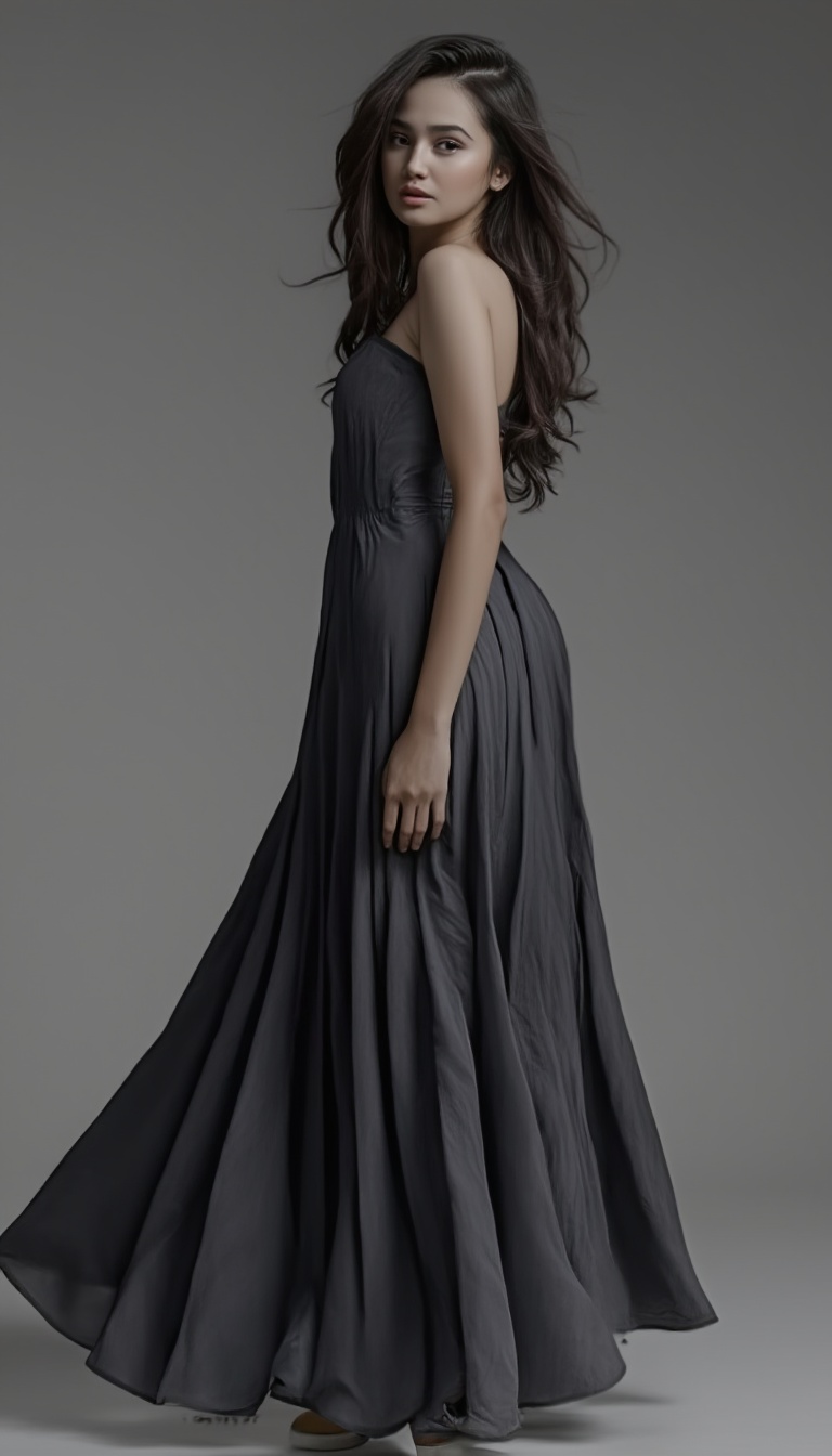 A young woman with long hair,  dark locks stands confidently,  her raven-black tresses cascading down her back like a wate...