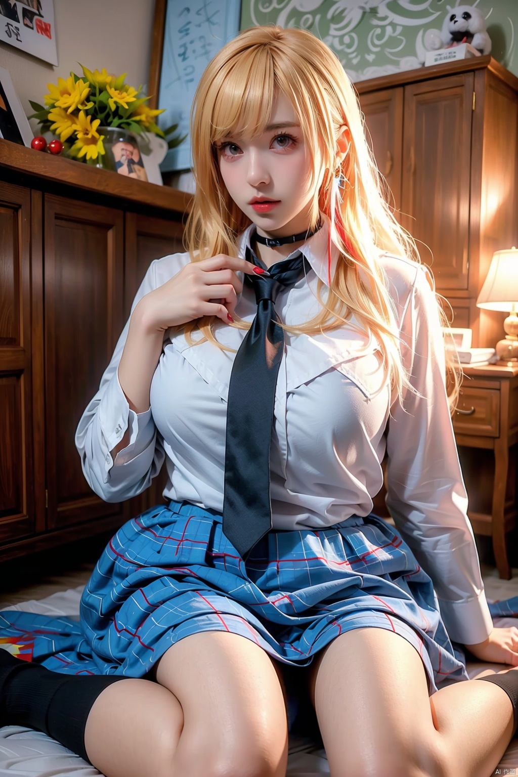 1girl solo long hair looking at viewer bangs skirt blonde hair shirt red eyes jewelry sitting school uniform white shirt multicolored hair necktie choker socks collared shirt indoors nail polish lips blue skirt plaid cosplay swept bangs black choker wariza black socks blue necktie realistic kitagawa marin
