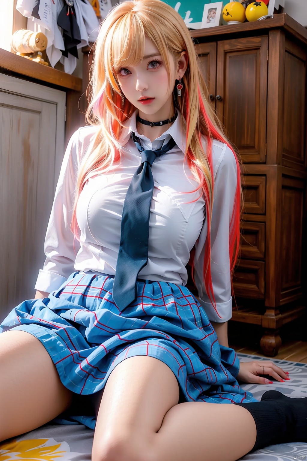 1girl solo long hair looking at viewer bangs skirt blonde hair shirt red eyes jewelry sitting school uniform white shirt multicolored hair necktie choker socks collared shirt indoors nail polish lips blue skirt plaid cosplay swept bangs black choker wariza black socks blue necktie realistic kitagawa marin
