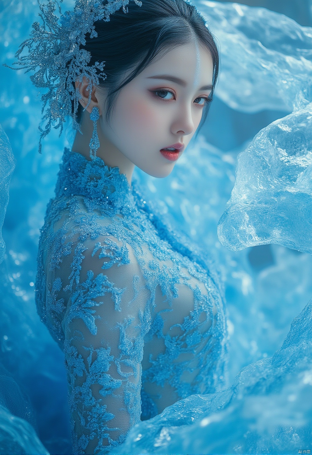 Ice Queen
A close-up shot of a woman in a blue dress
adorned with white embroidery
