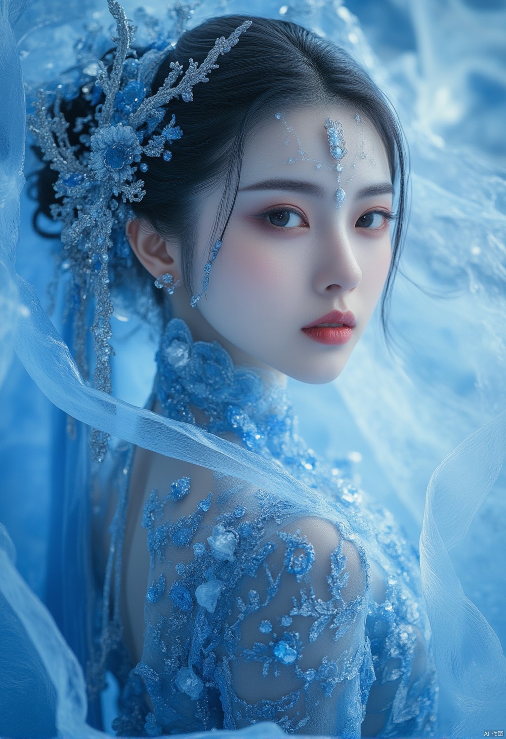 Ice Queen
A close-up shot of a woman in a blue dress
adorned with white embroidery