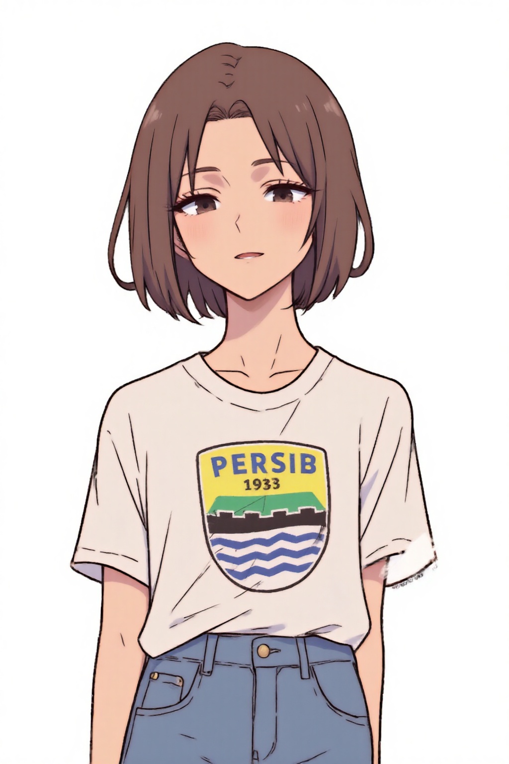 anime_style drawing anime of hanaaoki with brown short hair,  wear a white t shirt and blue jeans. The t shirt has a pers1...