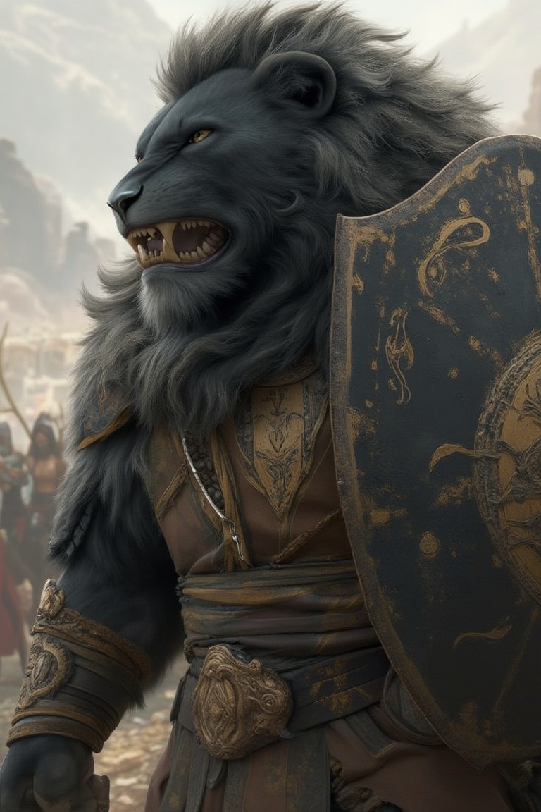 Black lion,  with shields,  warrior Anthropomorphic style on Tensor.Art