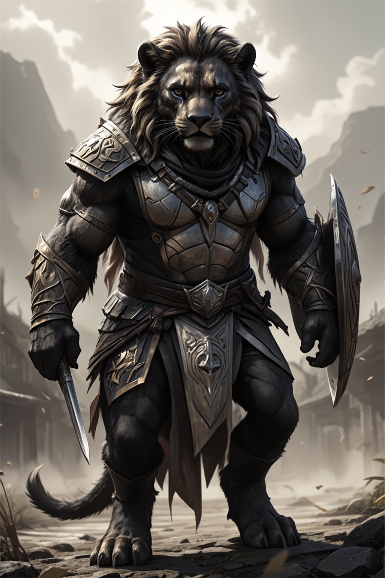 Black lion,  with shields,  warrior Anthropomorphic style on Tensor.Art