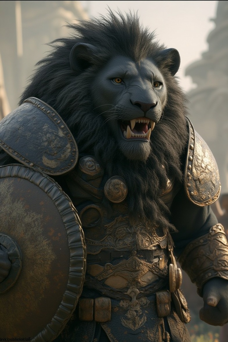 Black lion,  with shields,  warrior Anthropomorphic style on Tensor.Art