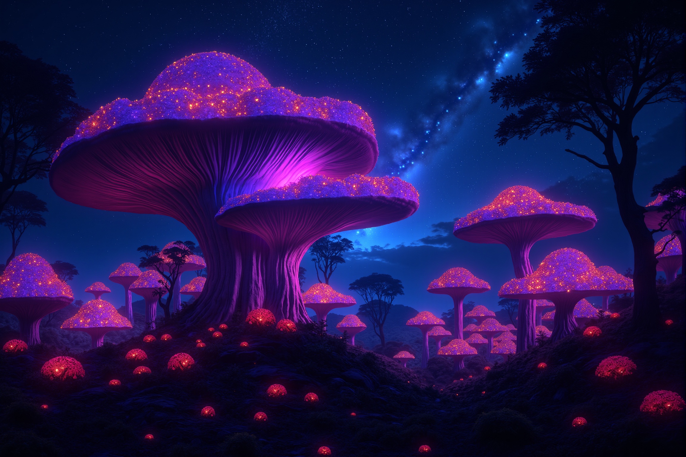 A cinematic 8K ultra-high detailed image of a mystical forest filled with giant,  bioluminescent mushrooms of various shap...