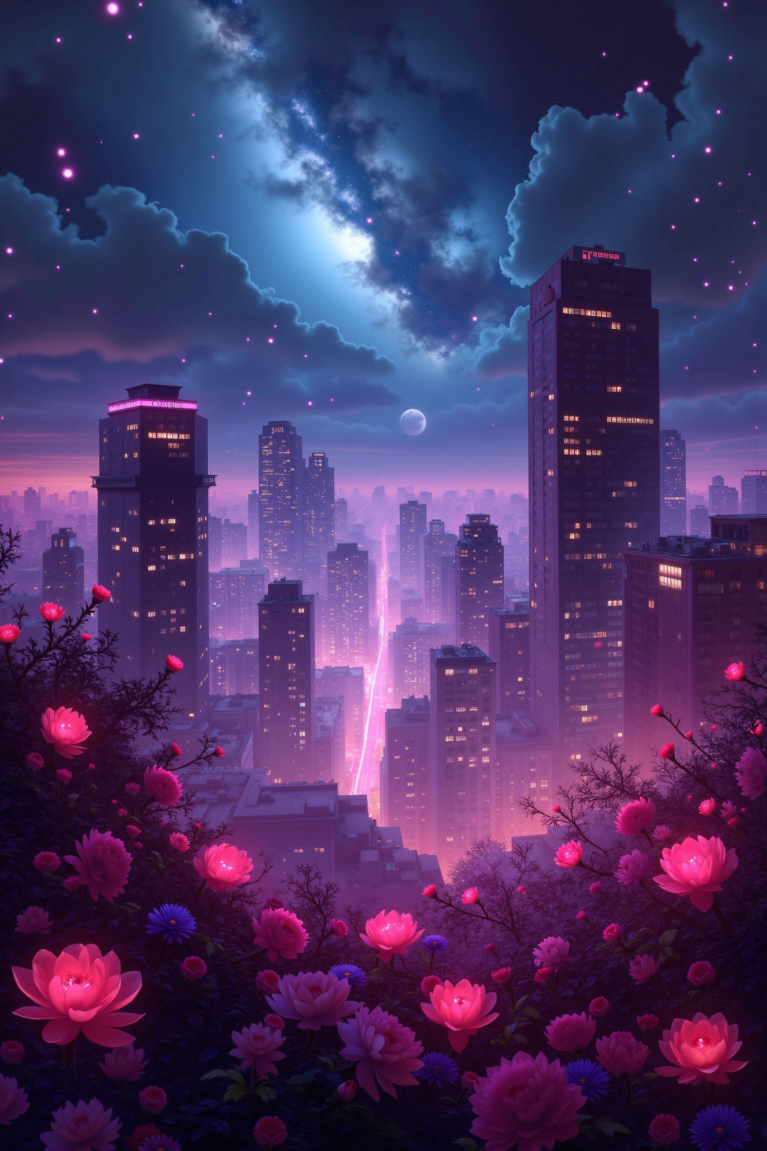 A breathtakingly vivid city night scene under moonlight and starlight,  with pink fluorescent lights from towering skyscra...