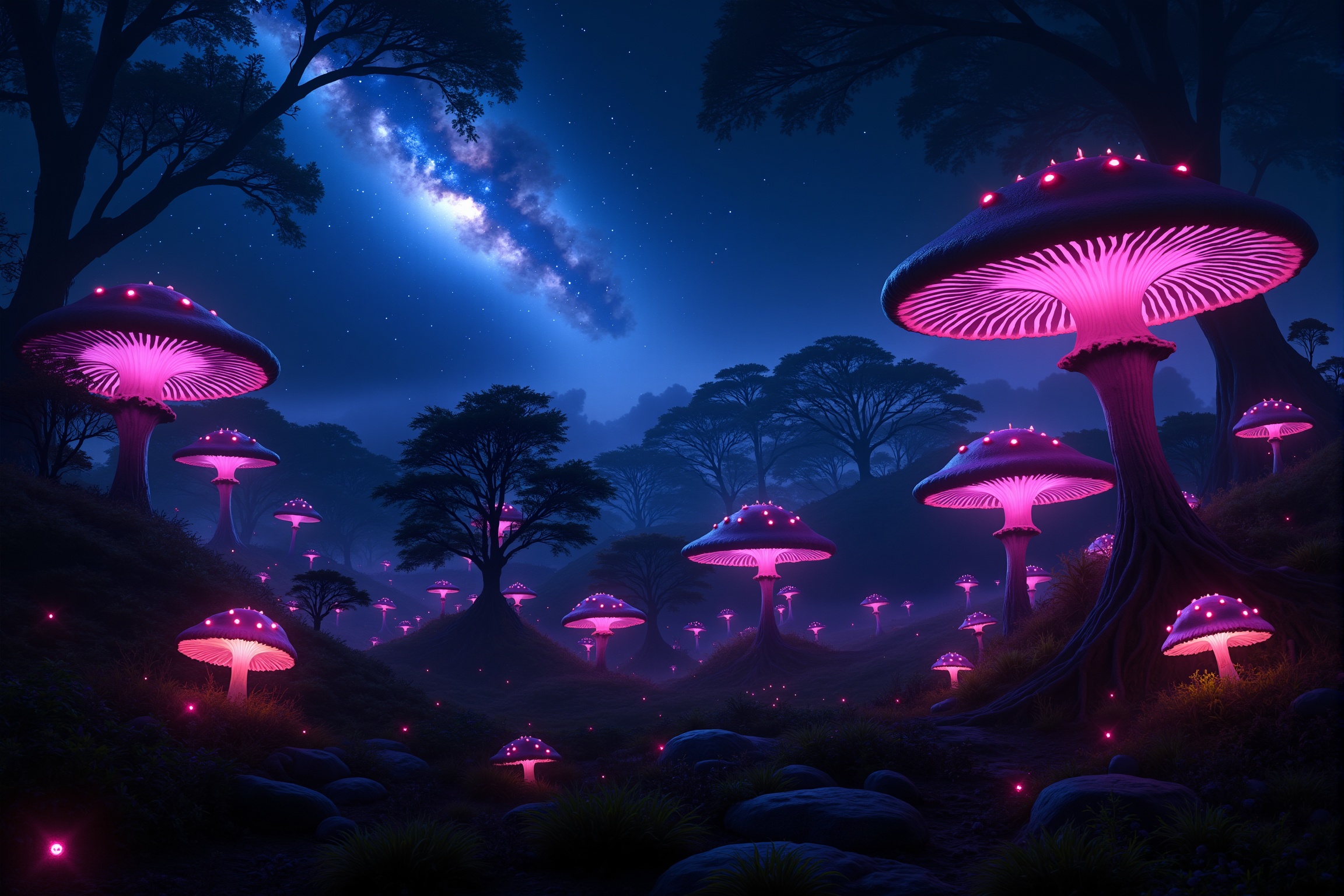 A cinematic 8K ultra-high detailed image of a mystical forest filled with giant,  bioluminescent mushrooms of various shap...