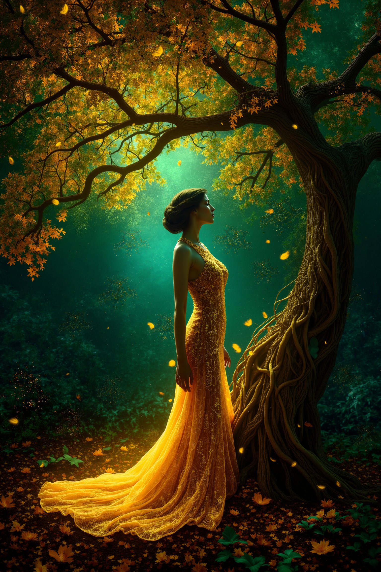 8K ultra-high detailed realistic image,  neon theme. A mesmerizing image of a tree seamlessly merging with the form of a w...