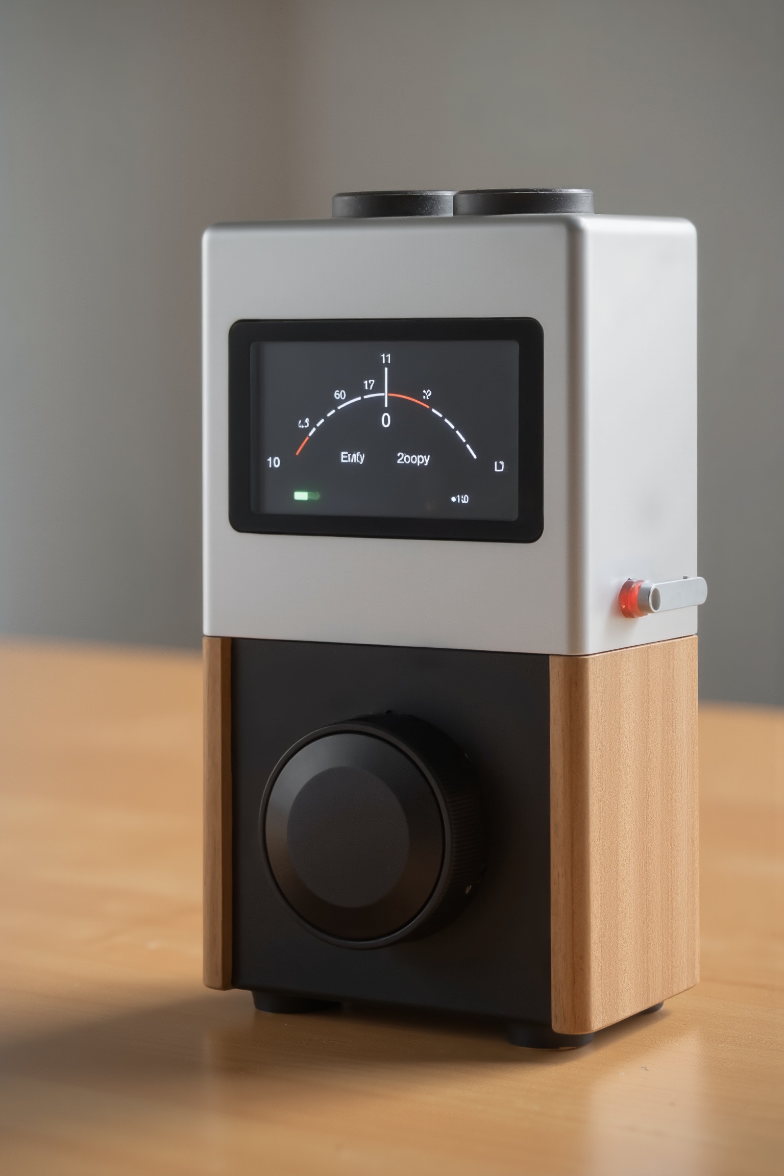 Professional product photo of a device. It features a big button on the front. It also has a screen on the top which shows...