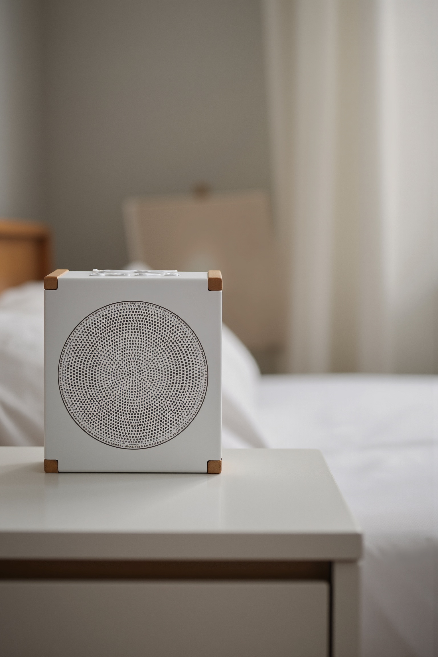 Professional product photo of a Bluetooth speaker. It is white with wooden corners. It sits on a nightstand in a minimalis...