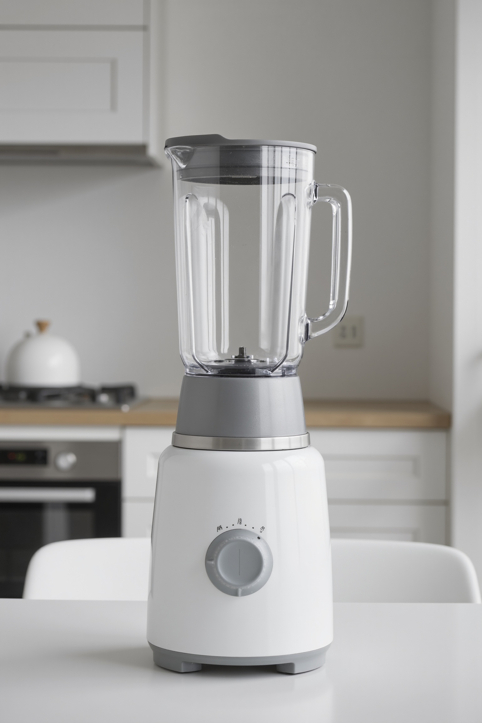 Professional product photo of a kitchen blender. It is white with metallic parts. It sits on a table in a minimalistic kit...