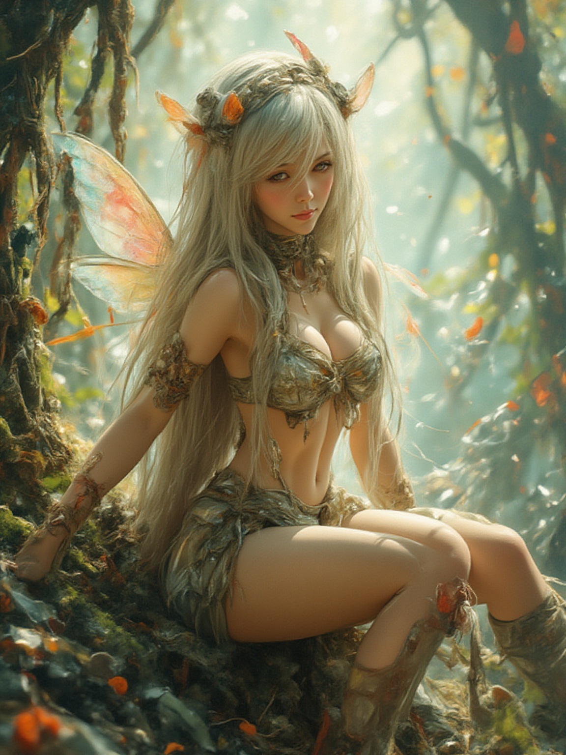A whimsical fairy creature with long,  flowing hair and colorful wing-like appendages sits under the sunlight,  the fairy'...