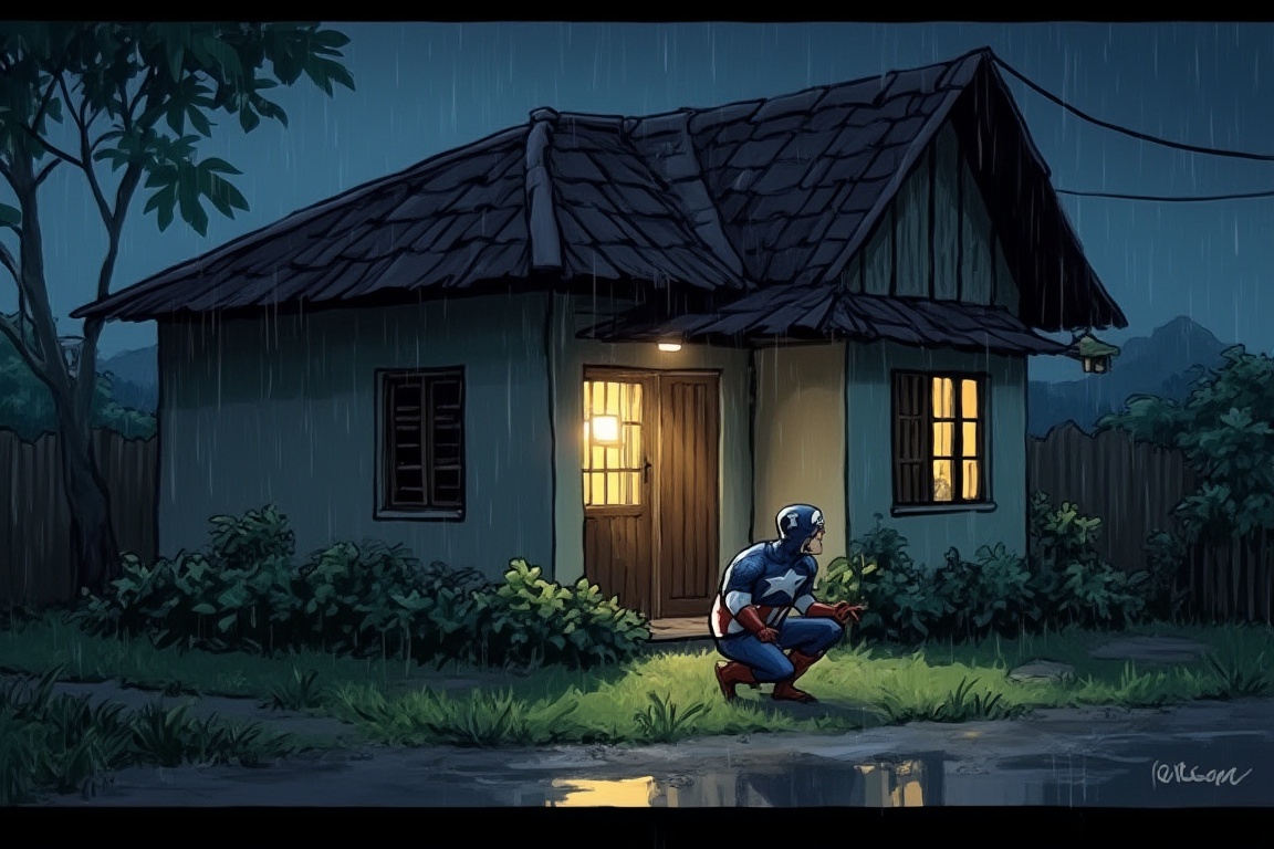 Captain america wait under malay house auwning while raining,  cartoon1 on Tensor.Art