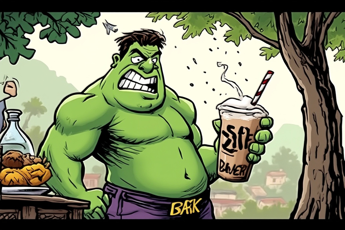 Hulk drink coffee malay stall,  background malay village ,  cartoon1 on Tensor.Art
