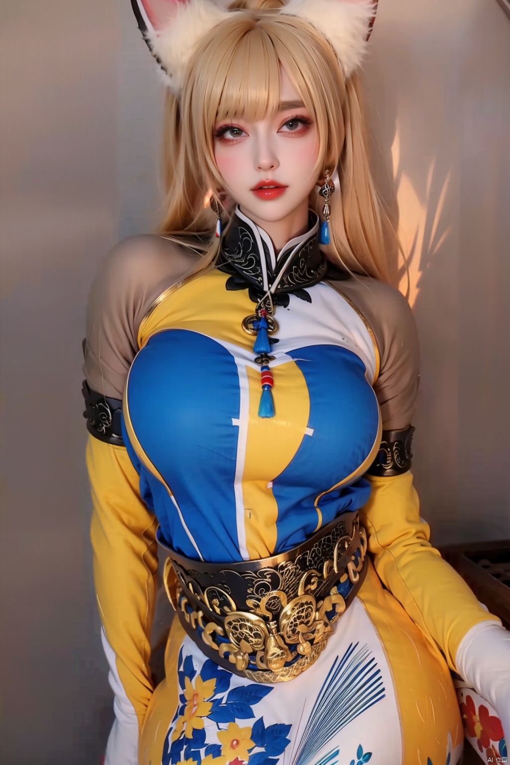 1girl
solo
long hair
looking at viewer
blonde hair
gloves
animal ears
elbow gloves
cat ears
animal ear fluff
cosplay
fox ears
reference inset
photo inset
