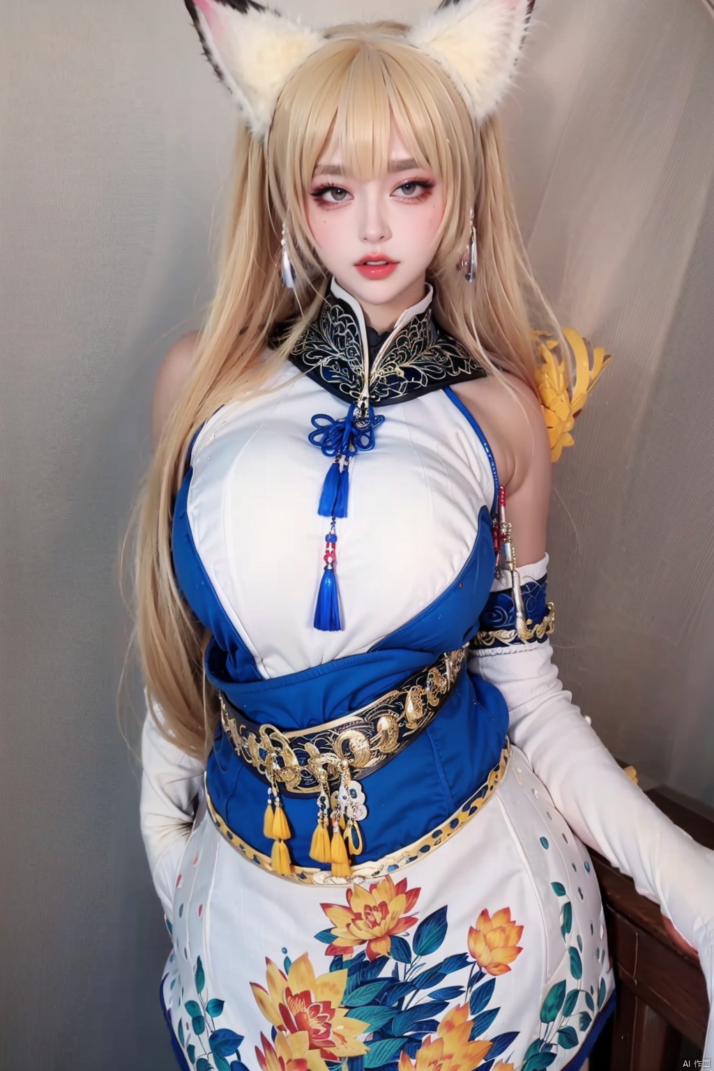1girl
solo
long hair
looking at viewer
blonde hair
gloves
animal ears
elbow gloves
cat ears
animal ear fluff
cosplay
fox ears
reference inset
photo inset

