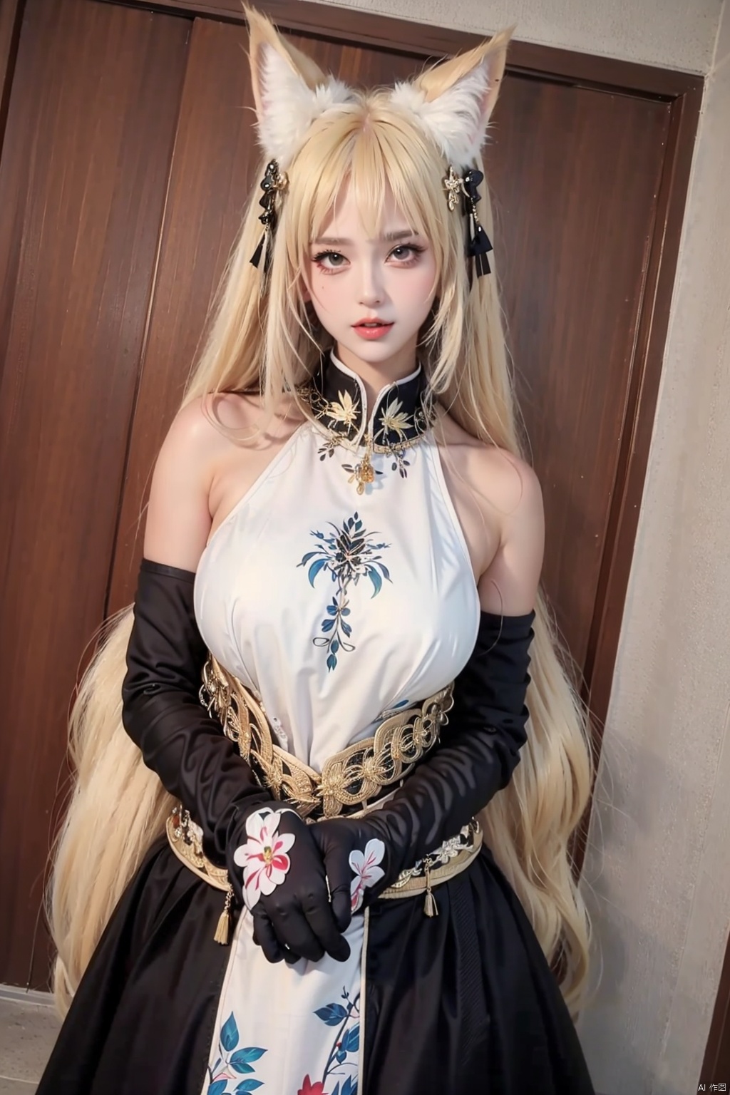 1girl
solo
long hair
looking at viewer
blonde hair
gloves
animal ears
elbow gloves
cat ears
animal ear fluff
cosplay
fox ears
reference inset
photo inset
