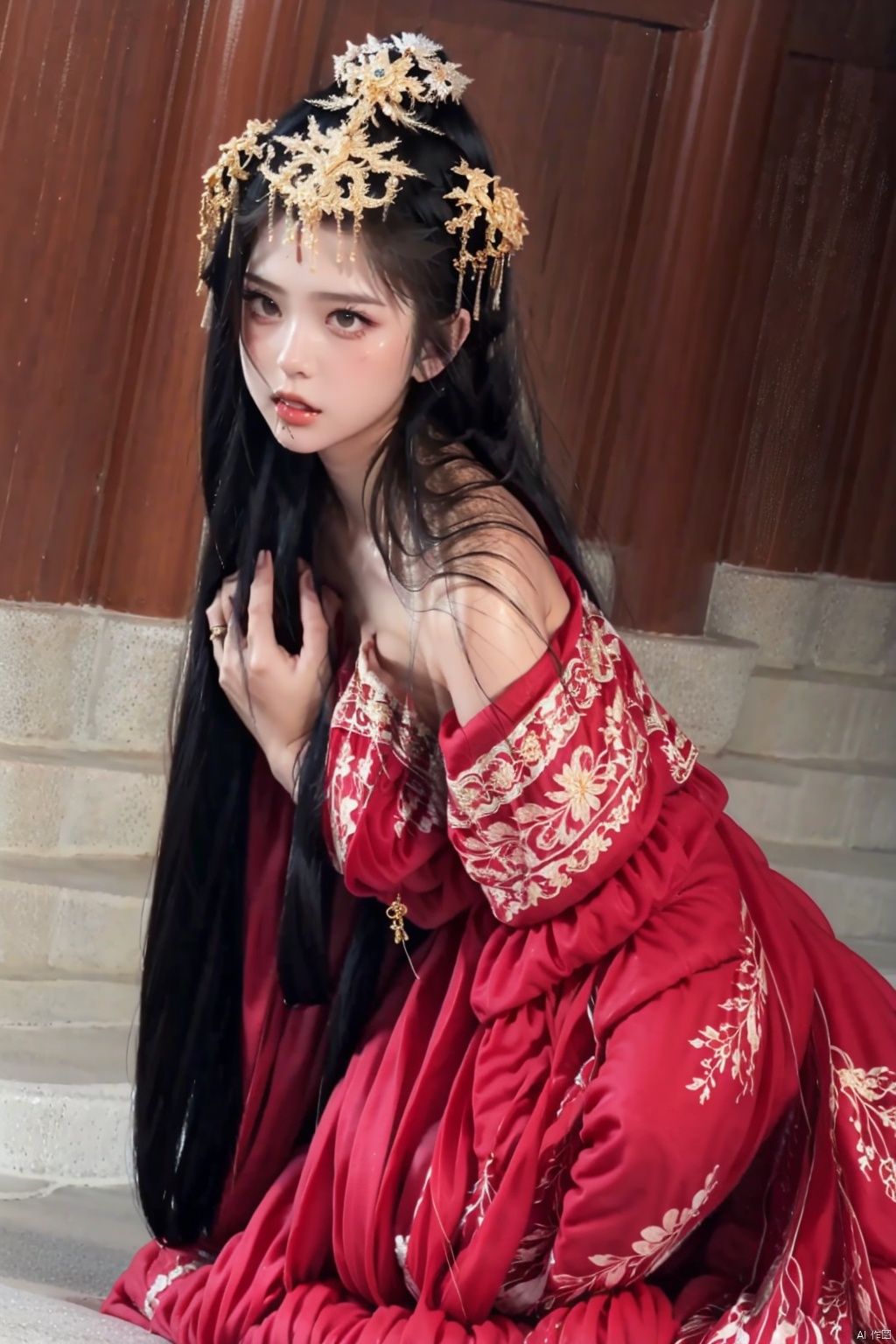 1girl solo long hair black hair hair ornament long sleeves dress indoors blood red dress

