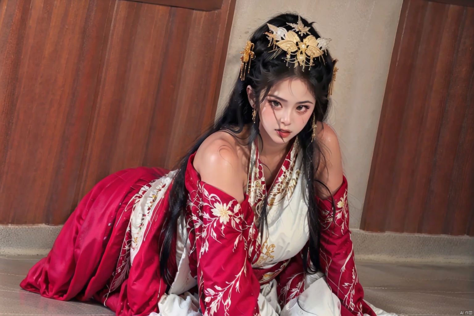 1girl solo long hair black hair hair ornament long sleeves dress indoors blood red dress
