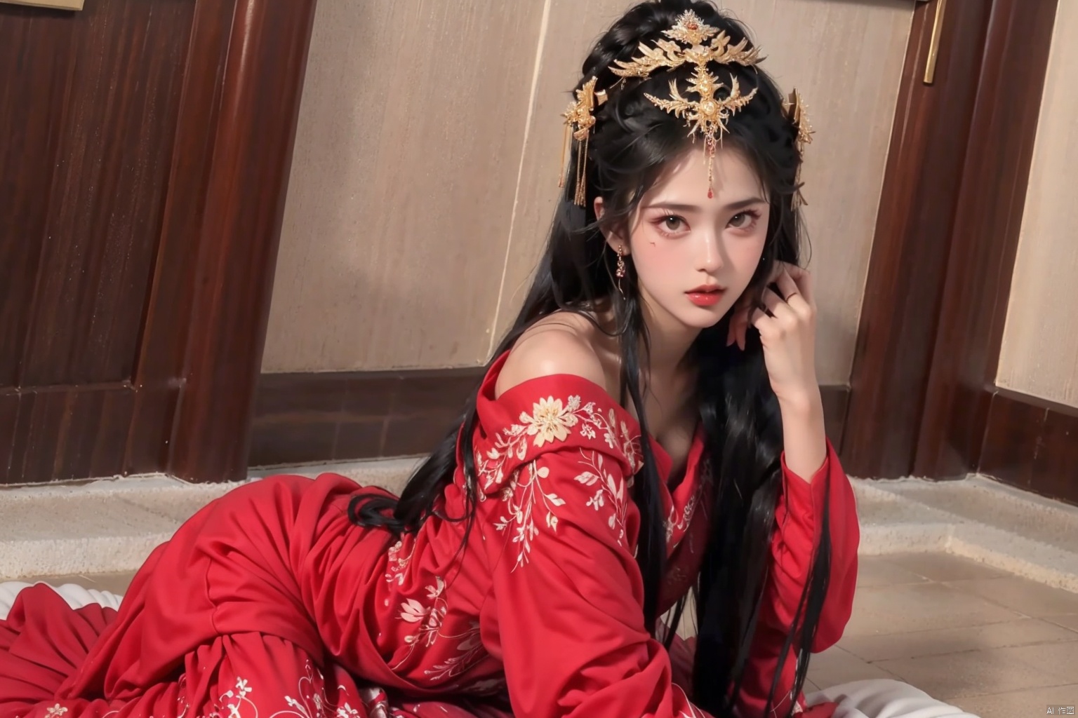 1girl solo long hair black hair hair ornament long sleeves dress indoors blood red dress
