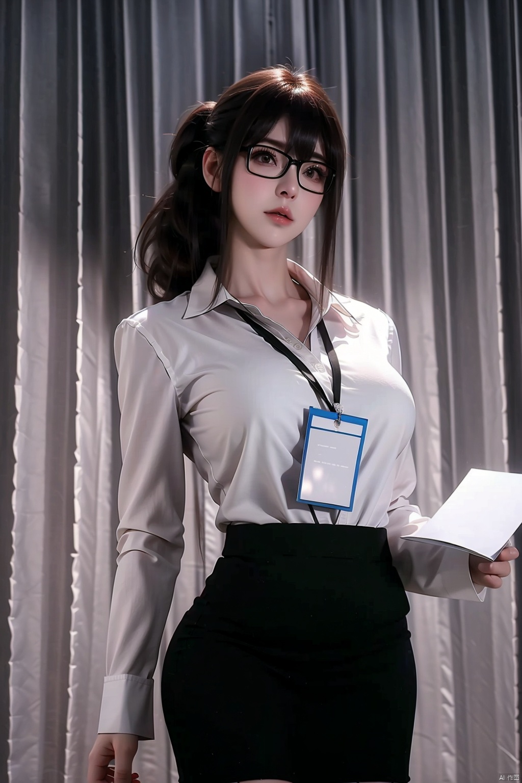 1girl
solo
looking at viewer
bangs
skirt
shirt
black hair
long sleeves
brown eyes
standing
jacket
white shirt
ponytail
cowboy shot
glasses
collared shirt
indoors
black skirt
lips
black jacket
formal
suit
curtains
pencil skirt
black-framed eyewear
realistic
office lady
computer
id car
