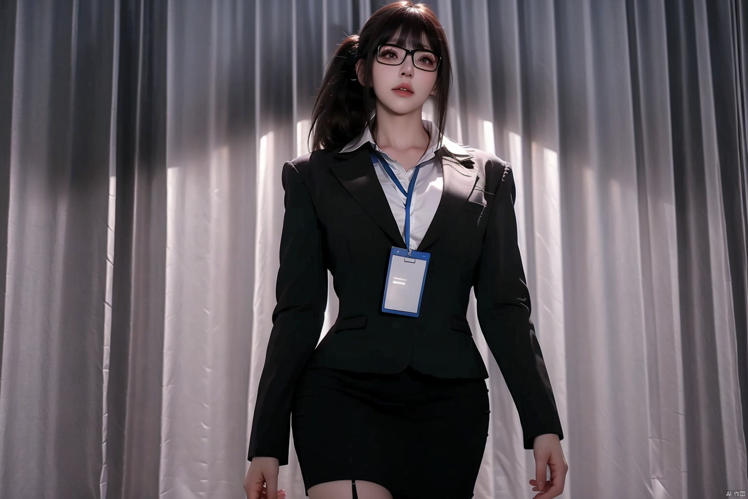 1girl
solo
looking at viewer
bangs
skirt
shirt
black hair
long sleeves
brown eyes
standing
jacket
white shirt
ponytail
cowboy shot
glasses
collared shirt
indoors
black skirt
lips
black jacket
formal
suit
curtains
pencil skirt
black-framed eyewear
realistic
office lady
computer
id car

