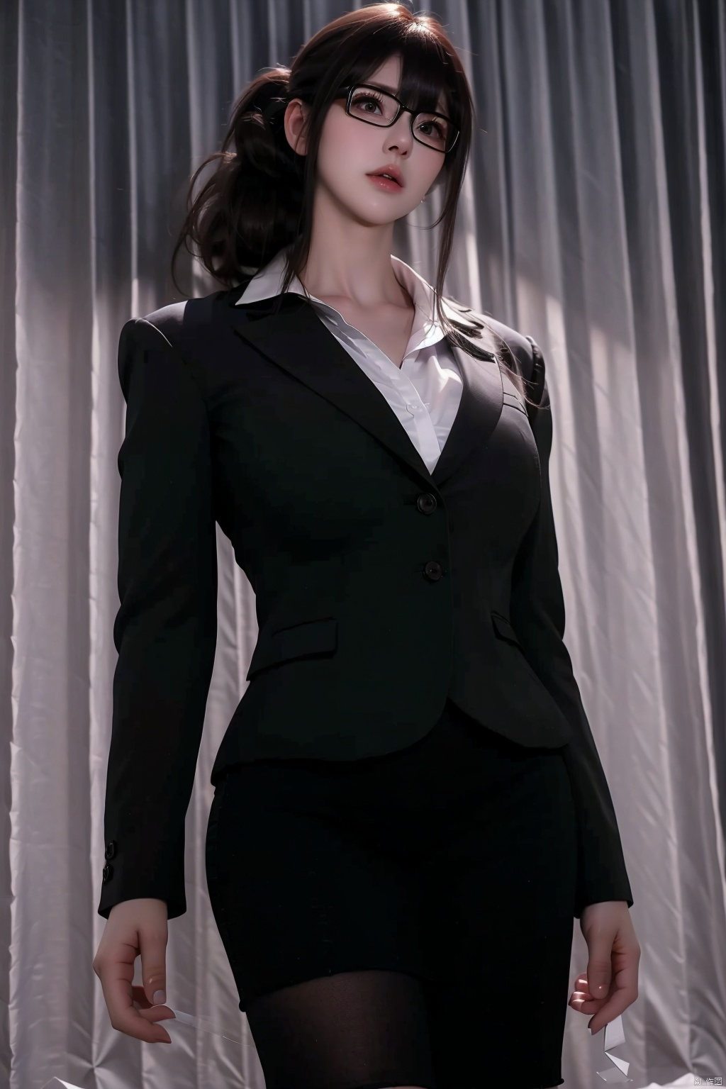 1girl
solo
looking at viewer
bangs
skirt
shirt
black hair
long sleeves
brown eyes
standing
jacket
white shirt
ponytail
cowboy shot
glasses
collared shirt
indoors
black skirt
lips
black jacket
formal
suit
curtains
pencil skirt
black-framed eyewear
realistic
office lady
computer
id car
