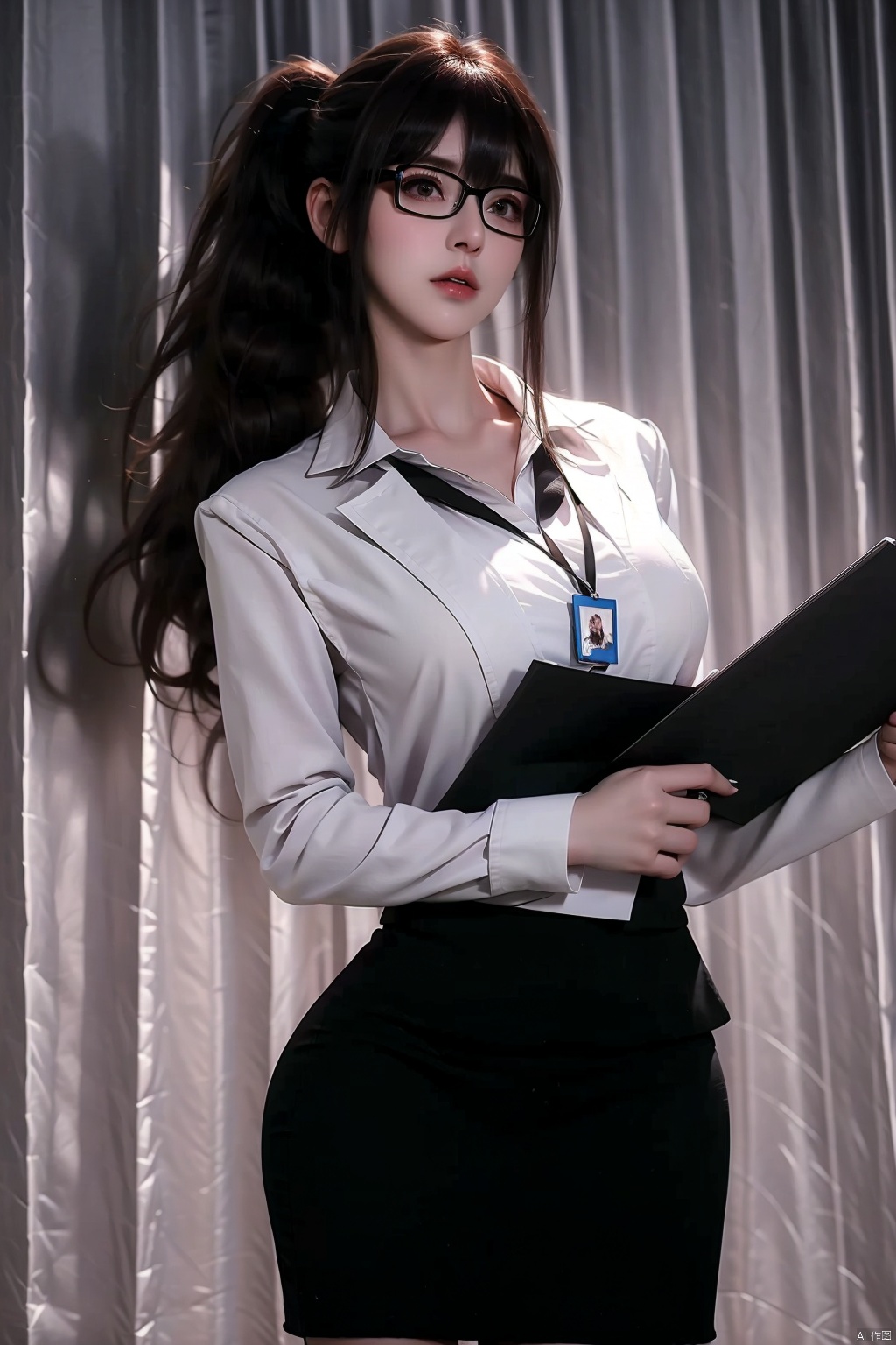 1girl
solo
looking at viewer
bangs
skirt
shirt
black hair
long sleeves
brown eyes
standing
jacket
white shirt
ponytail
cowboy shot
glasses
collared shirt
indoors
black skirt
lips
black jacket
formal
suit
curtains
pencil skirt
black-framed eyewear
realistic
office lady
computer
id car
