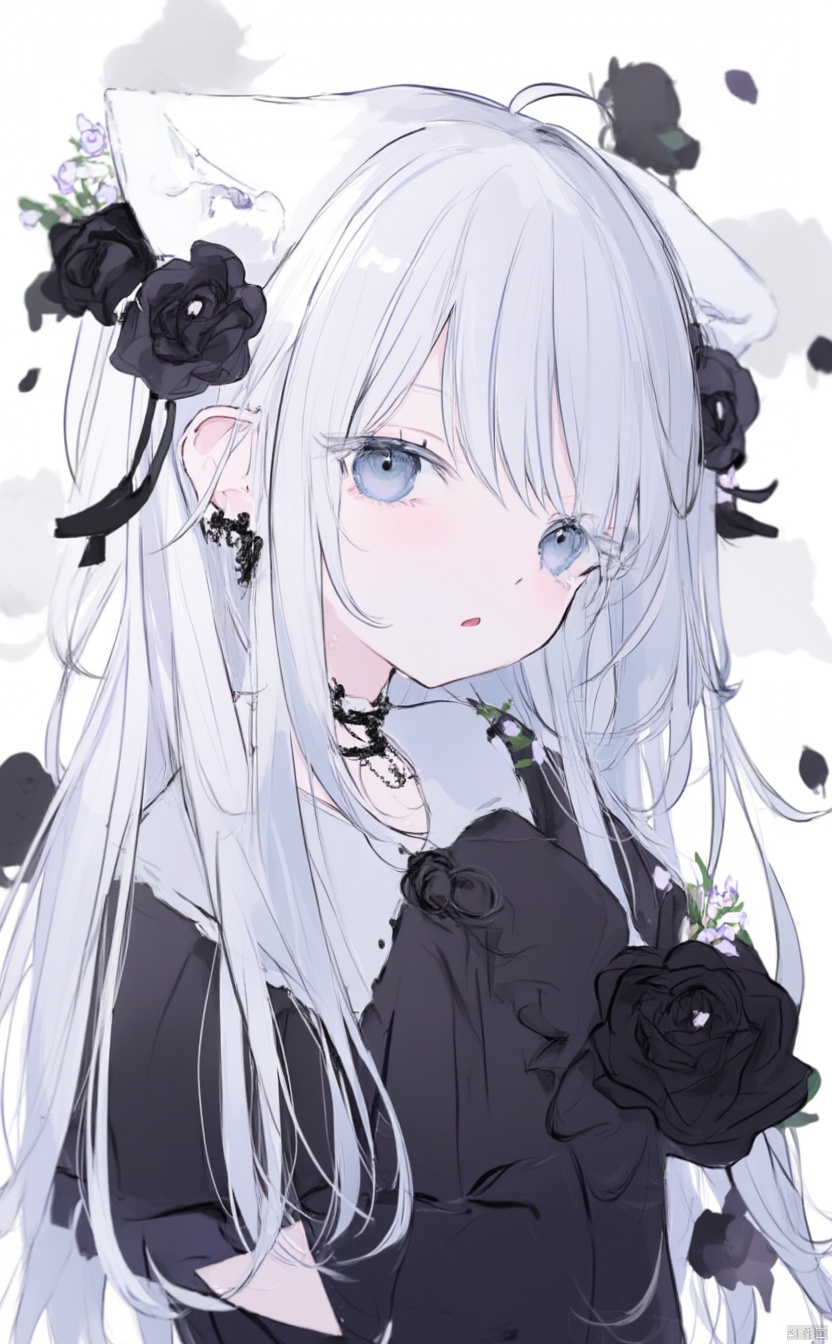 The image is an illustration of a young girl with long white hair and blue eyes. She is wearing a black dress with a white collar and a black necklace. Her hair is styled in a half-up, half-down style with a large black flower in the center. She has a pair of black earrings and a small black flower on her head. The background is white with black roses scattered around her. The overall mood of the image is dark and mysterious.