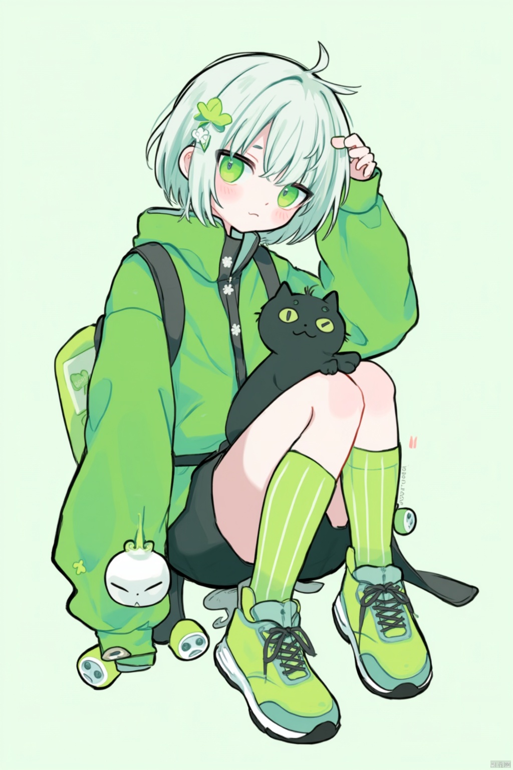 1girl, cat, green eyes, black cat, shoes, white hair, backpack, socks, looking at viewer, jacket, solo, sitting, sneakers, bag, bangs, green jacket, medium hair, animal, green theme, crossed legs, green socks, shirt