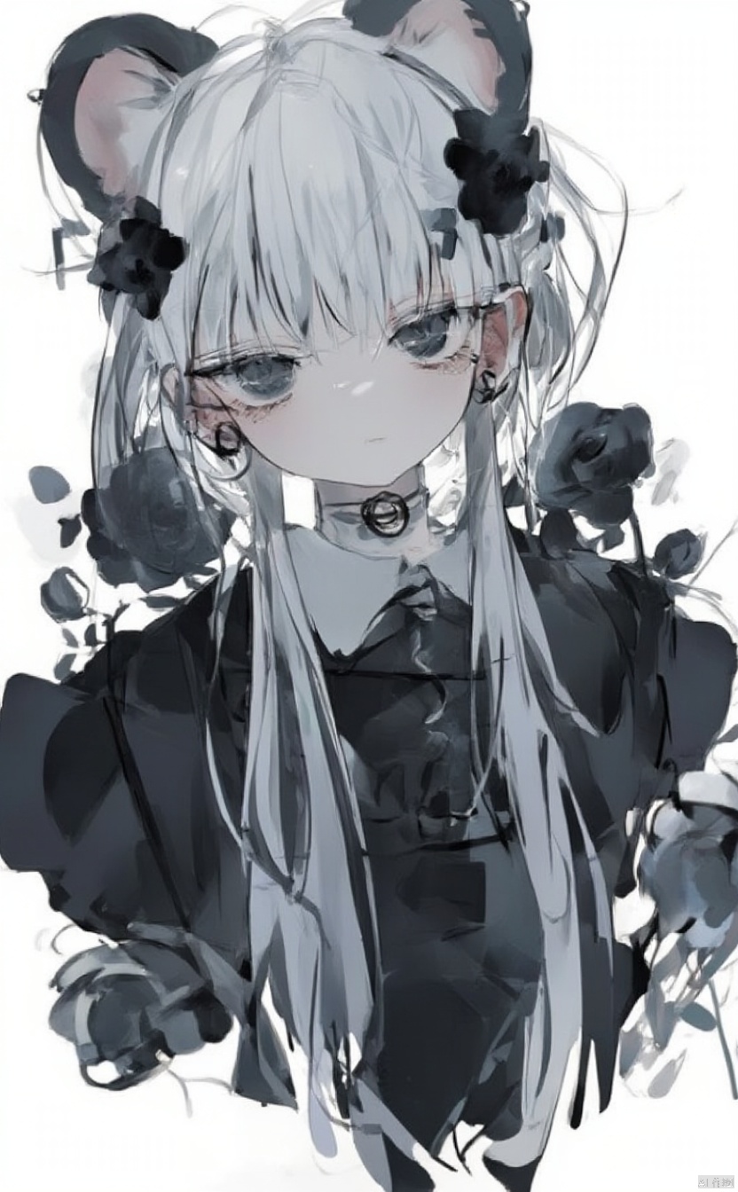 The image is an illustration of a young girl with long white hair and blue eyes. She is wearing a black dress with a white collar and a black necklace. Her hair is styled in a half-up, half-down style with a large black flower in the center. She has a pair of black earrings and a small black flower on her head. The background is white with black roses scattered around her. The overall mood of the image is dark and mysterious.