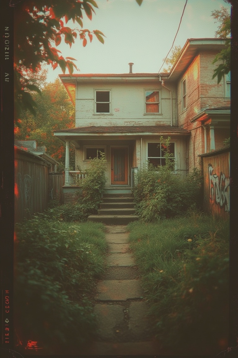 A VHS effect-laden image of an urban house,  capturing the nostalgic graininess and color distortions. The scene is framed...