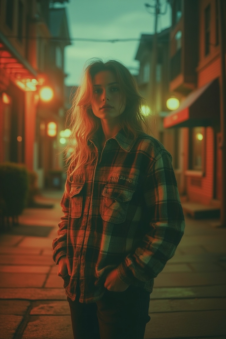 A VHS effect-laden image of a girl wearing a flannel shirt,  capturing the nostalgic graininess and color distortions. The...