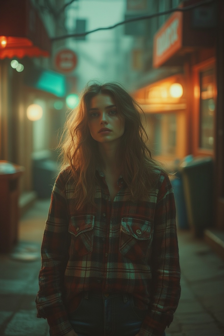 A VHS effect-laden image of a girl wearing a flannel shirt,  capturing the nostalgic graininess and color distortions. The...