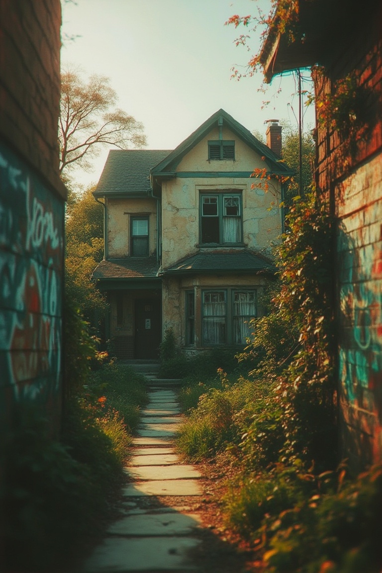 A VHS effect-laden image of an urban house,  capturing the nostalgic graininess and color distortions. The scene is framed...