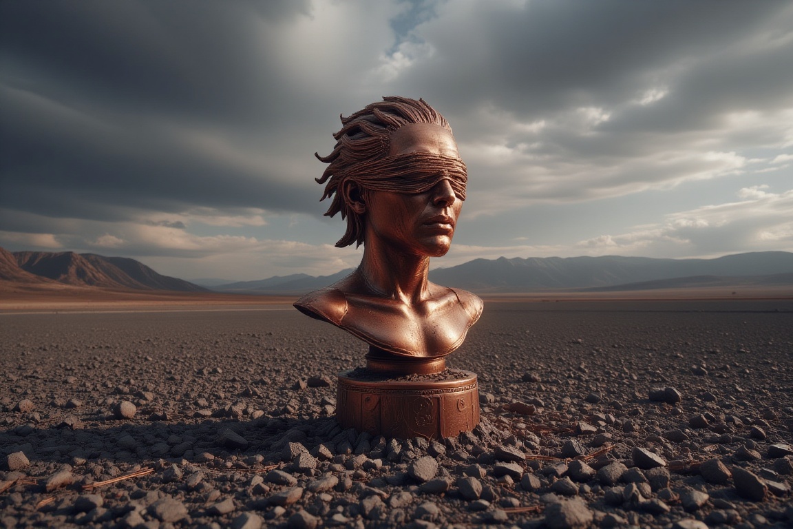 The image is a photograph of a copper statue set against a stark,  desert-like landscape. The statue depicts a human head,...