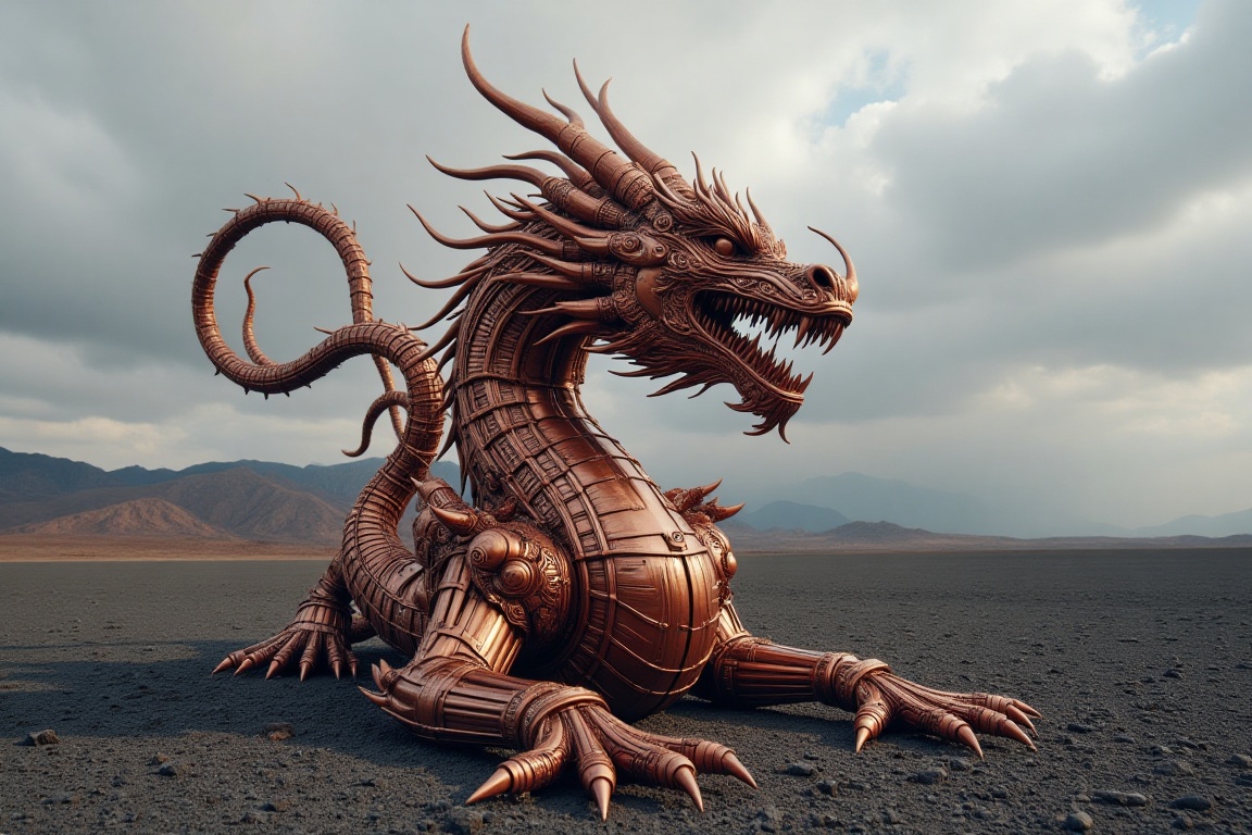 The image is a photograph of a copper dragon statue set against a stark,  desert-like landscape. The statue depicts an int...