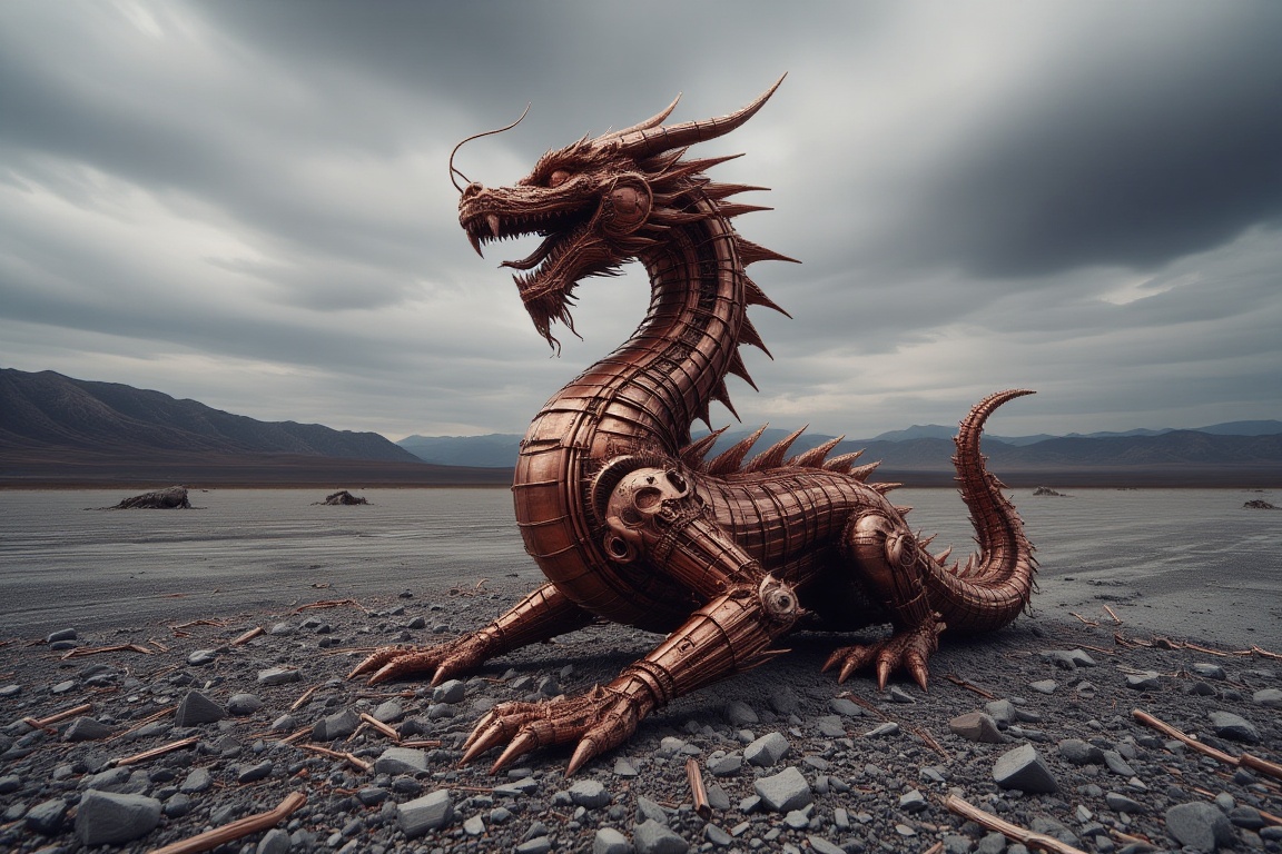 The image is a photograph of a copper dragon statue set against a stark,  desert-like landscape. The statue depicts an int...