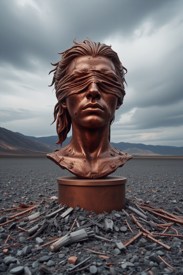 The image is a photograph of a copper statue set against a stark,  desert-like landscape. The statue depicts a human head,...