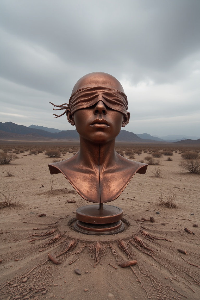 The image is a photograph of a copper statue set against a stark,  desert-like landscape. The statue depicts a human head,...
