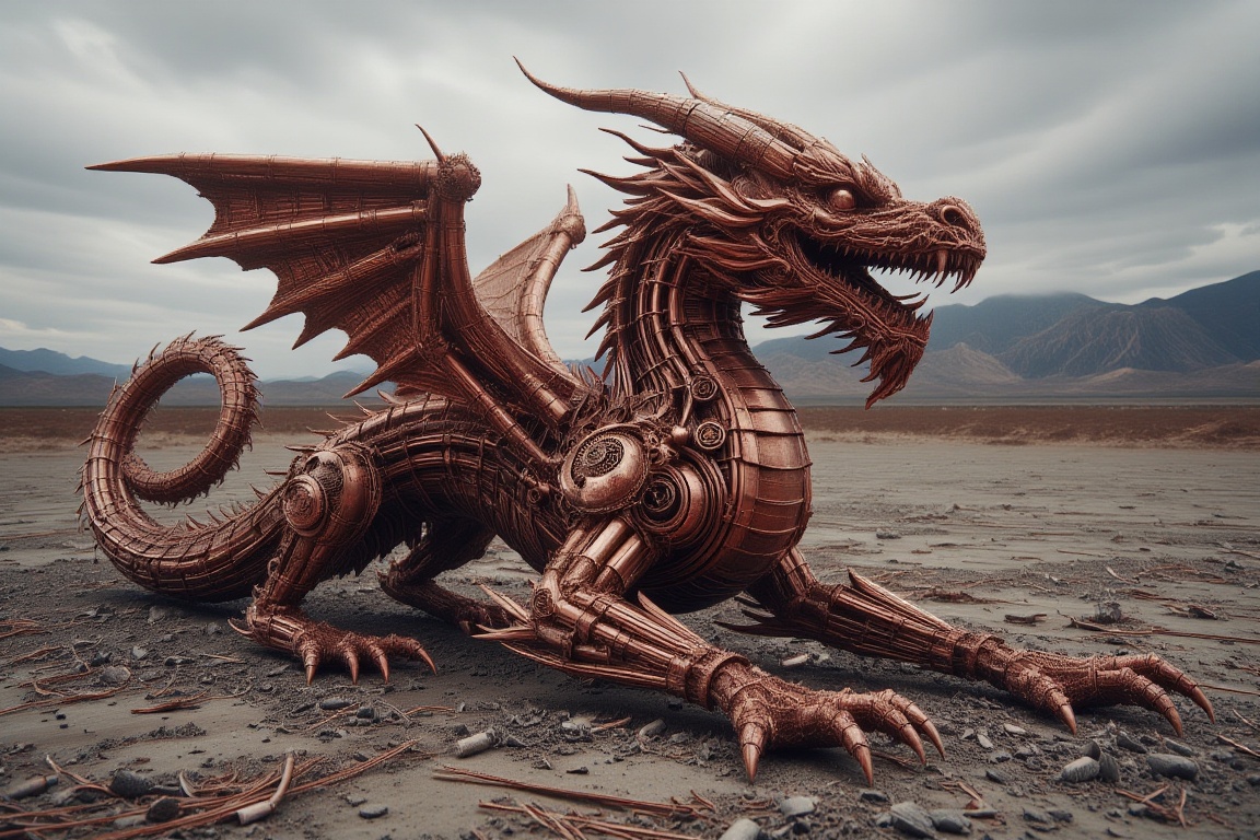 The image is a photograph of a copper dragon statue set against a stark,  desert-like landscape. The statue depicts an int...