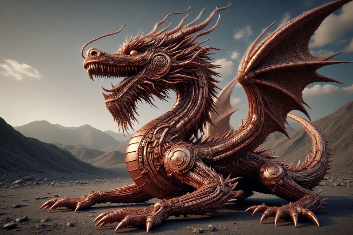 The image is a photograph of a copper dragon statue set against a stark,  desert-like landscape. The statue depicts an int...