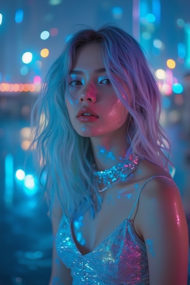 glow_skin portrait of a thai woman with pastel blue hair,  her sharp eyes glowing against a futuristic cityscape as she st...