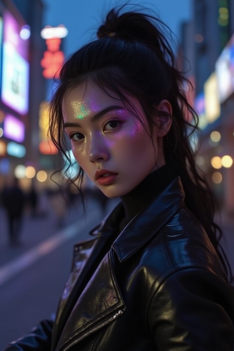 glow_skin portrait of a japanese woman with a high ponytail,  her defined jawline and fierce expression highlighted by the...