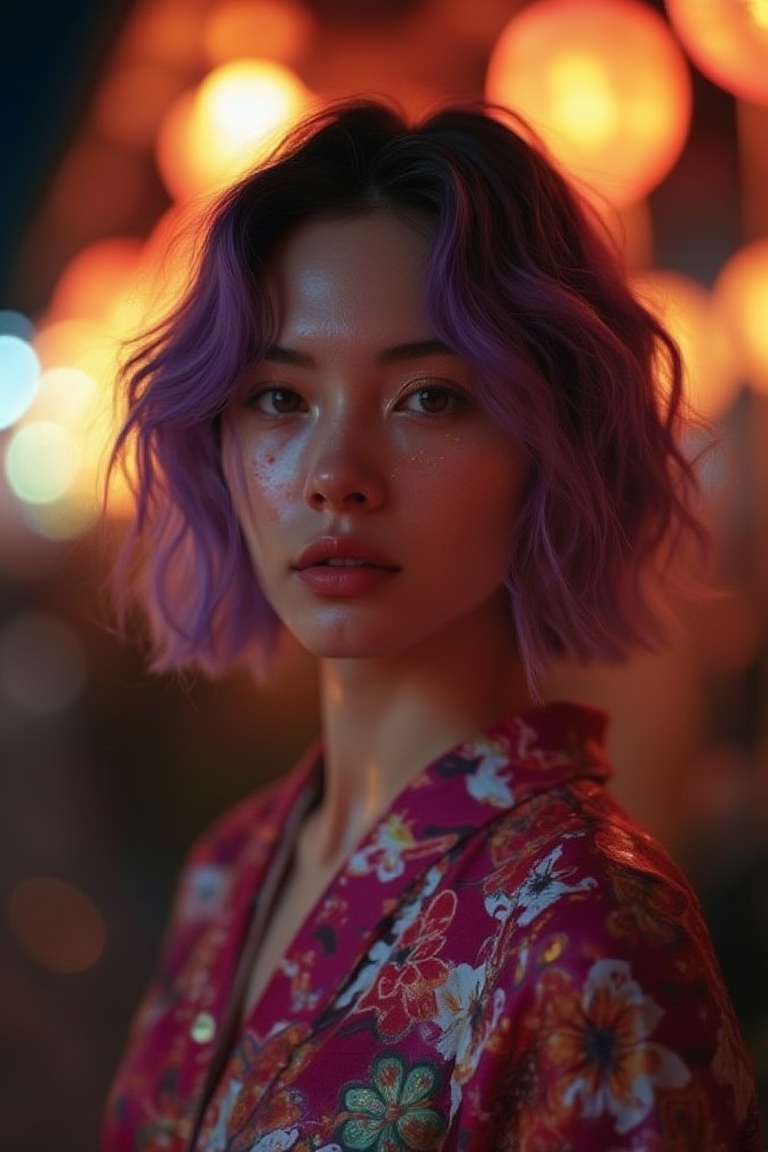 glow_skin portrait of a japanese woman with short purple hair,  her soft almond-shaped eyes glowing with warmth,  dressed...