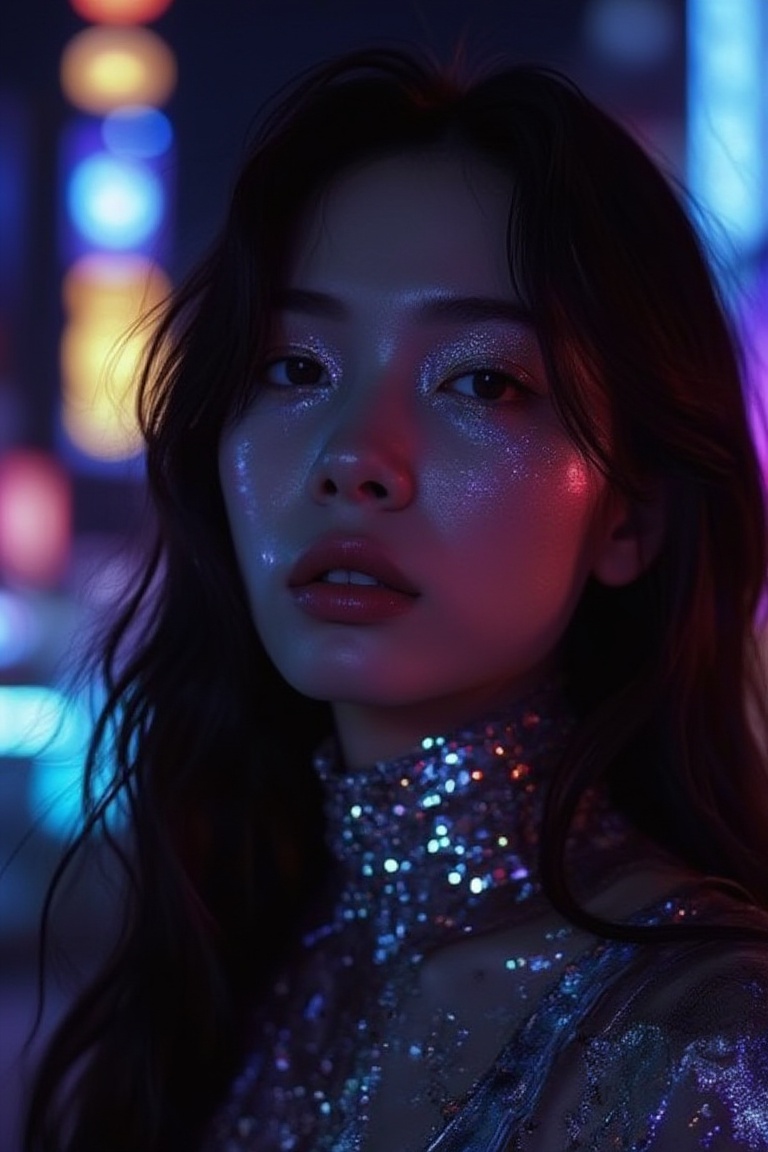glow_skin portrait of a chinese woman with long black hair,  her sharp cheekbones and full lips illuminated by neon lights...