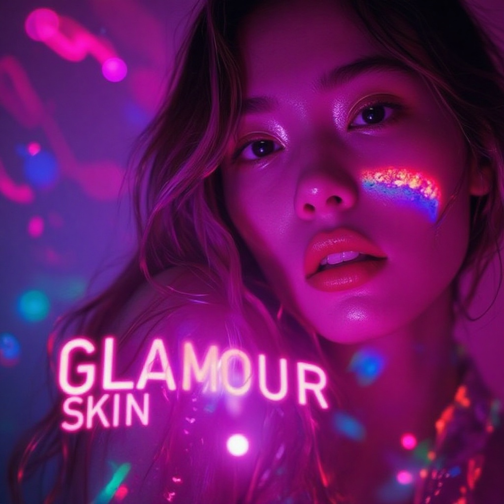 pink glowing text "GLAMOUR SKIN" prominent displayed on front centered that become focus of the image in the background th...