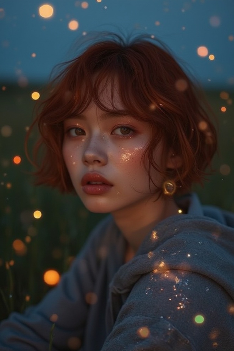 glow_skin portrait of a korean woman with short red hair,  her wide eyes filled with curiosity,  glowing softly in the twi...