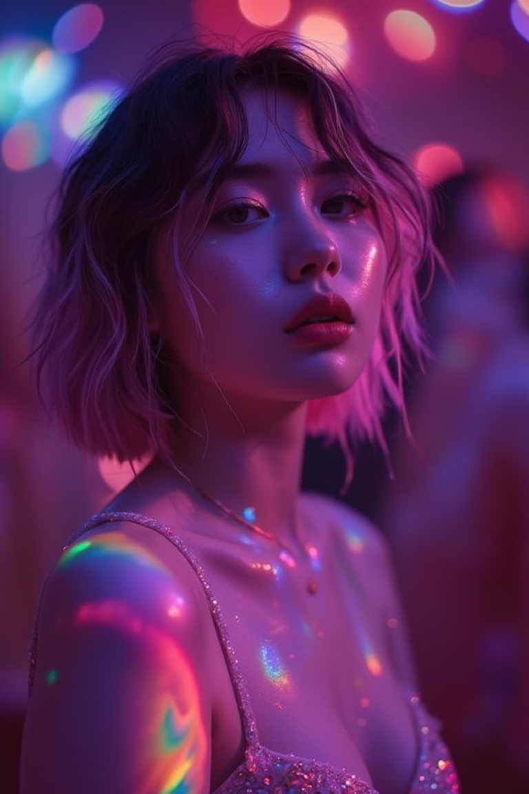 glow_skin portrait of a korean woman with pink streaks in her hair,  her youthful face glowing under the UV party lights,...